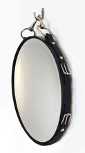 Load image into Gallery viewer, 18" leather-framed equestrian mirror with nickel-finish snaffle bit and buckles, handmade by Stephanie Reppas.