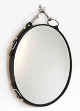 Load image into Gallery viewer, 18-inch leather-framed equestrian mirror with nickel-finish snaffle bit hanger