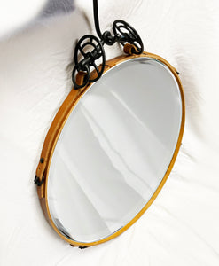 24"  Black and Tan Leather Circle Mirror with Antique Iron Bit - Horse harness, horse decor mirror