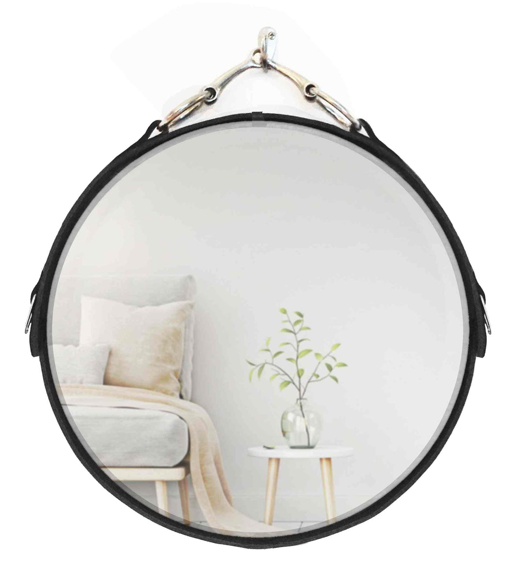 16-inch leather-framed equestrian mirror with beveled glass and nickel-finish snaffle bit hanger.