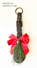 Load image into Gallery viewer, Medium rustic equestrian leather ornament door greeter with red bow and jingle bell.