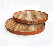 Load image into Gallery viewer, Leather Equestrian Serving Tray with Lazy Susan Base in Tan and Black, Handcrafted with English Leather and Teak Wood.