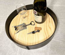 Load image into Gallery viewer, Deep leather serving tray with wooden base, featuring wine bottle, glass, and corkscrew.