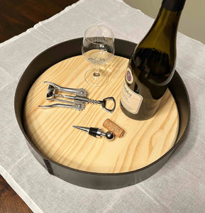 deep leather serving tray with wine and accessories