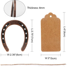 Load image into Gallery viewer, Lucky horseshoe gift tags set with metal horseshoes, kraft tags, and jute twine for wedding favors.