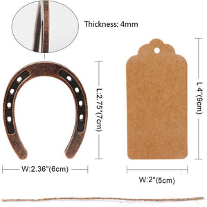 Lucky horseshoe gift tags set with metal horseshoes, kraft tags, and jute twine for wedding favors.