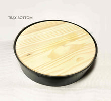 Load image into Gallery viewer, Deep leather serving tray 15&quot; showing waxed raw wood circle and hand-tacked leather.