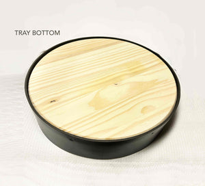 Deep leather serving tray 15" showing waxed raw wood circle and hand-tacked leather.