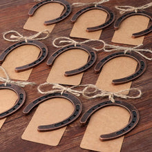 Load image into Gallery viewer, Set of 10 lucky horseshoe gift tags with metal horseshoes and kraft tags, perfect for wedding favors.