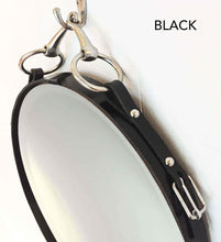 Load image into Gallery viewer, 16-inch leather-framed equestrian mirror in black with nickel-finish snaffle bit and silver button details.