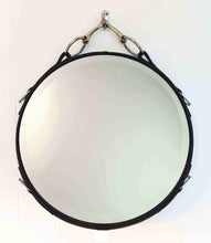 Load image into Gallery viewer, 24&quot; round leather snaffle bit mirror, horse decor gift for equestrians.