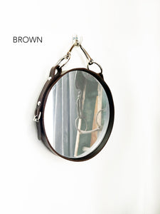 10" snaffle mirror with brown leather frame and nickel-finish snaffle bit hanger, equestrian decor.