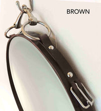 Load image into Gallery viewer, Brown leather snaffle bit mirror for equestrian decor and horse gifts.