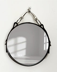 10" snaffle mirror with Latigo buffalo leather frame and nickel-finish snaffle bit hanging detail, equestrian decor.