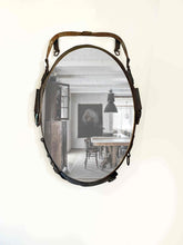 Load image into Gallery viewer, 20&quot;x28&quot; rustic mirror with vintage horse leather and harness detailing.