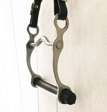 Load image into Gallery viewer, tissue roll holder with black leather and steel chain, equine decor. detail