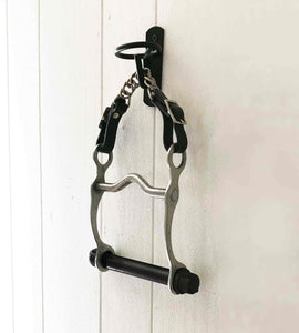 Horse bit tea towel hanger with steel and leather details