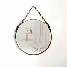 Load image into Gallery viewer, 16&quot; primitive chain and leather mirror with beveled glass and weathered farm chain hanging detail.