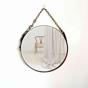 16" primitive chain and leather mirror with beveled glass and weathered farm chain hanging detail.