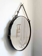 Load image into Gallery viewer, 16&quot; Primitive Chain &amp; Leather Mirror with antique horse harness frame, farmhouse decor style.