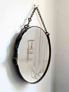 16" Primitive Chain & Leather Mirror with antique horse harness frame, farmhouse decor style.