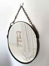 Load image into Gallery viewer, 16&quot; Primitive Chain &amp; Leather Mirror with antique horse harness leather and weathered farm chain.