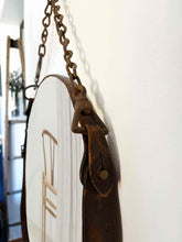 Load image into Gallery viewer, 16&quot; primitive chain and leather mirror with distressed leather frame and rustic chain detail.