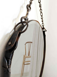 16" primitive chain and leather mirror with distressed leather frame and farmhouse decor style.