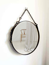 Load image into Gallery viewer, 16&quot; Primitive Chain &amp; Leather Mirror with antique harness leather and distressed farmhouse decor.