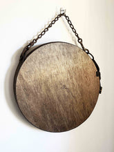 Load image into Gallery viewer, 16&quot; beveled circle mirror with distressed leather and farm chain hanging.