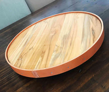 Load image into Gallery viewer, Leather equestrian serving tray with lazy Susan base on teak wood, available in tan or black.