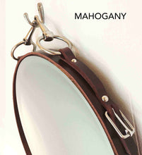 Load image into Gallery viewer, 24&quot; leather snaffle bit mirror in mahogany for horse decor and equestrian gifts.