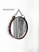 Load image into Gallery viewer, 10-inch mahogany leather-framed equestrian mirror with snaffle bit, horse lover gift.