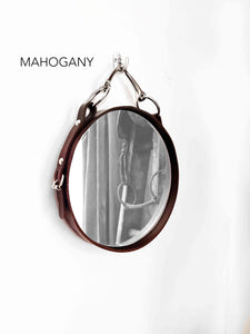 10-inch mahogany leather-framed equestrian mirror with snaffle bit, horse lover gift.