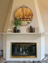 Load image into Gallery viewer, leather mirror on fireplace mantel with rustic decor