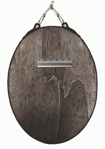 Vertical oval leather equestrian mirror with snaffle bit, ideal for horse decor enthusiasts.