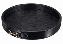 Load image into Gallery viewer, Vegan leather equestrian serving tray with brass handles, 13-inch diameter.