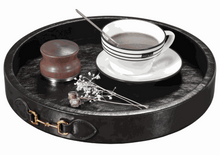 Load image into Gallery viewer, Vegan leather equestrian serving tray with brass snaffle bit handles, featuring a cup and decor objects.