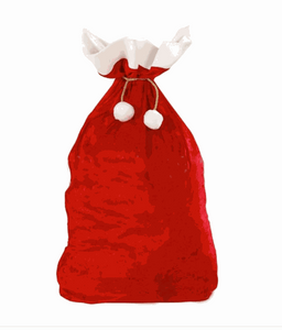 red and white velvet holiday gift bag with rope string closure and pom-poms