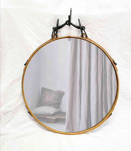 24" Black and Tan Leather Circle Mirror antique horse mirror