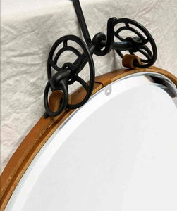 24" Black and Tan Leather Circle Mirror antique horse mirror