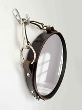 Load image into Gallery viewer, 10&quot; equestrian mirror with leather frame, nickel-finish snaffle bit, horse lover gift.