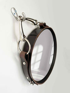 10" equestrian mirror with leather frame, nickel-finish snaffle bit, horse lover gift.