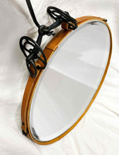 Load image into Gallery viewer, 24&quot; black and tan leather circle mirror with antique iron bit, horse decor mirror.