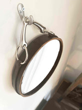 Load image into Gallery viewer, 10&quot; equestrian nubuck leather mirror with nickel-finish snaffle bit hanger.