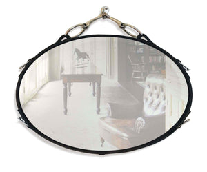 Leather oval mirror with snaffle bit, horse decor in assorted colors.