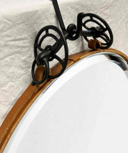 Load image into Gallery viewer, 24&quot; black and tan leather circle mirror with antique iron bit detail