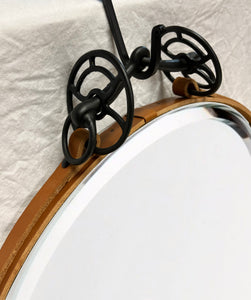Black and Tan Leather 24"  Circle Mirror with Antique Iron Bit - Horse harness, horse decor mirror