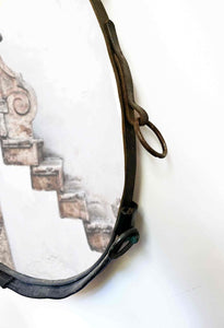 20"x28" rustic harness mirror with vintage leather and harness details.