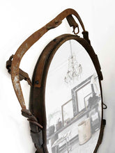 Load image into Gallery viewer, Rustic harness mirror with antique leather and rusty hame design, 20&quot;x28&quot;.